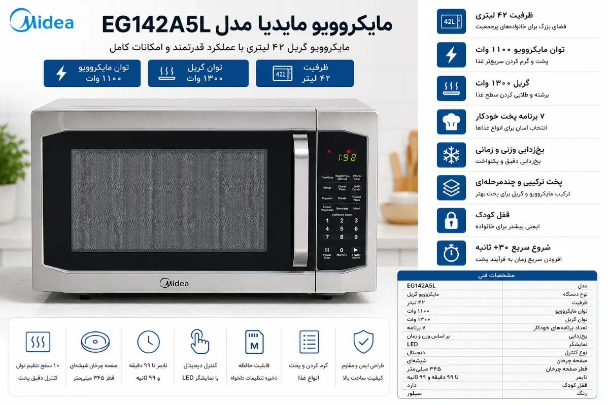 مایکروویو مایدیا مدل EG142A5L با ظرفیت ۴۲ لیتر و گریل ۱۳۰۰ وات